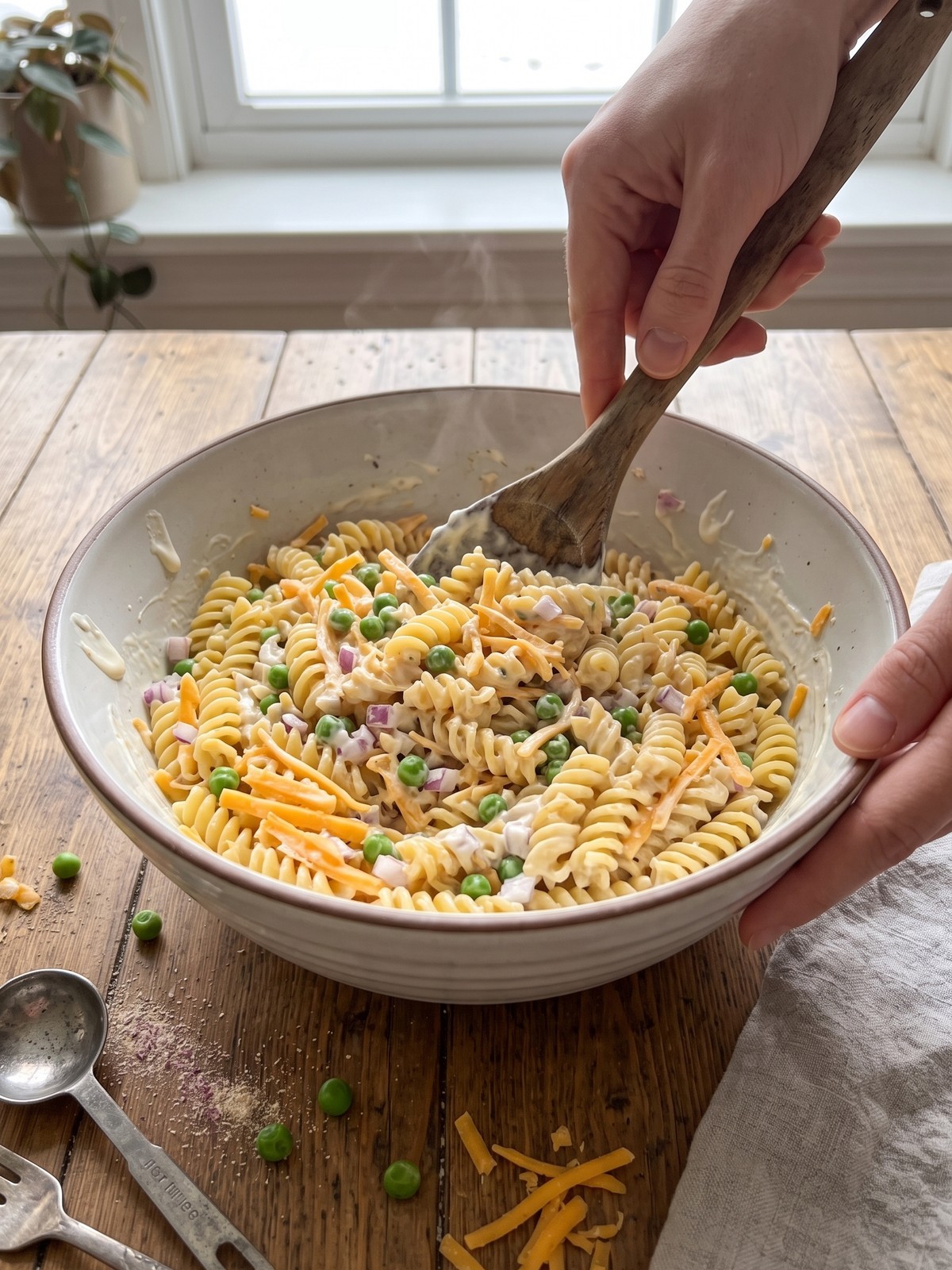 Overhead view of Creamy Cheddar Pasta Salad being mixed in a large bowl with a spatula, showing creamy dressing coating rotini and cheddar.
