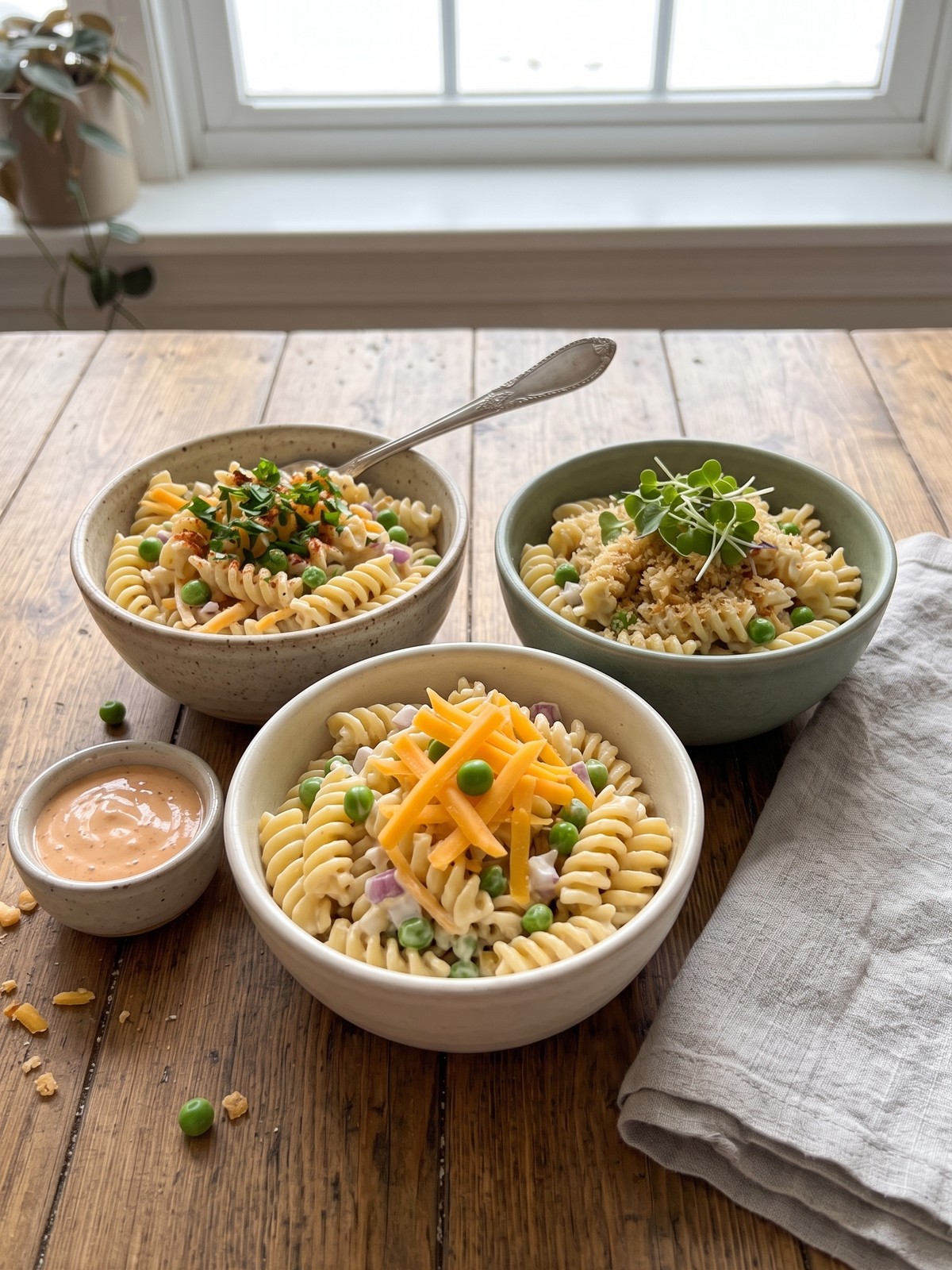 Close-up of a spoonful of Creamy Cheddar Pasta Salad with visible cheddar shreds, peas, and rotini in a creamy dressing.