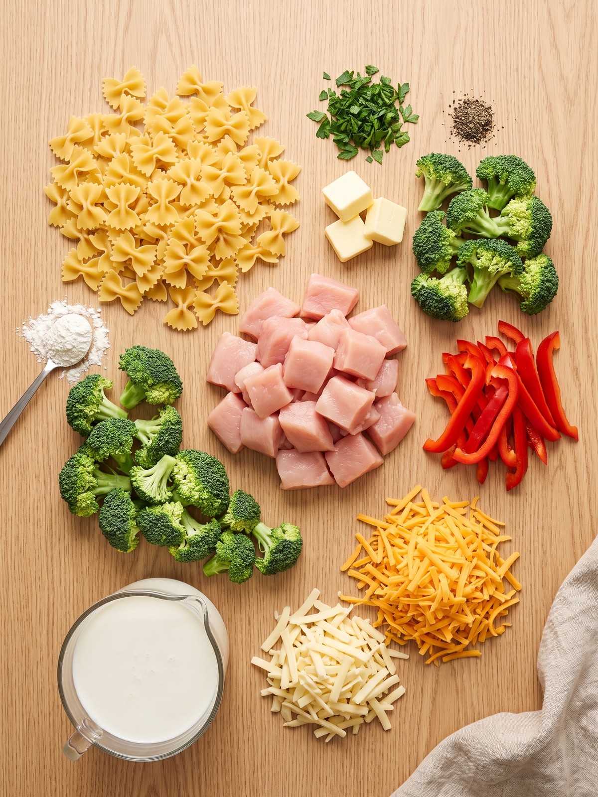 Farfalle, chicken, broccoli, red bell pepper, cheeses, milk, and herbs prepared for Creamy Chicken Bowtie Pasta