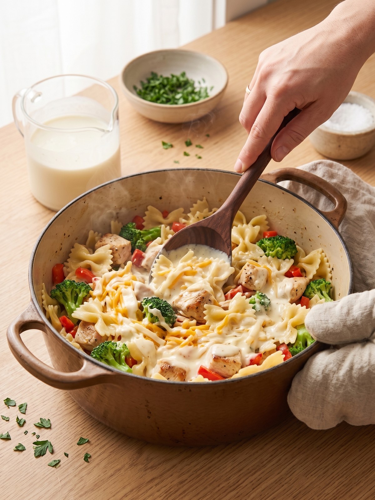 Creamy Chicken Bowtie Pasta being combined with cheese sauce, roasted broccoli, and red bell pepper in a wide skillet
