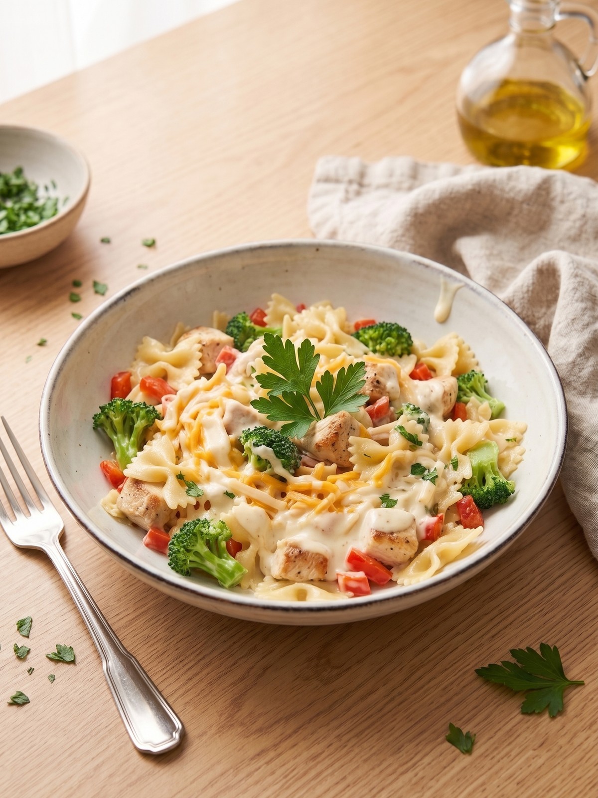 A serving bowl of Creamy Chicken Bowtie Pasta with parsley, broccoli, red bell pepper, and a creamy cheese coating