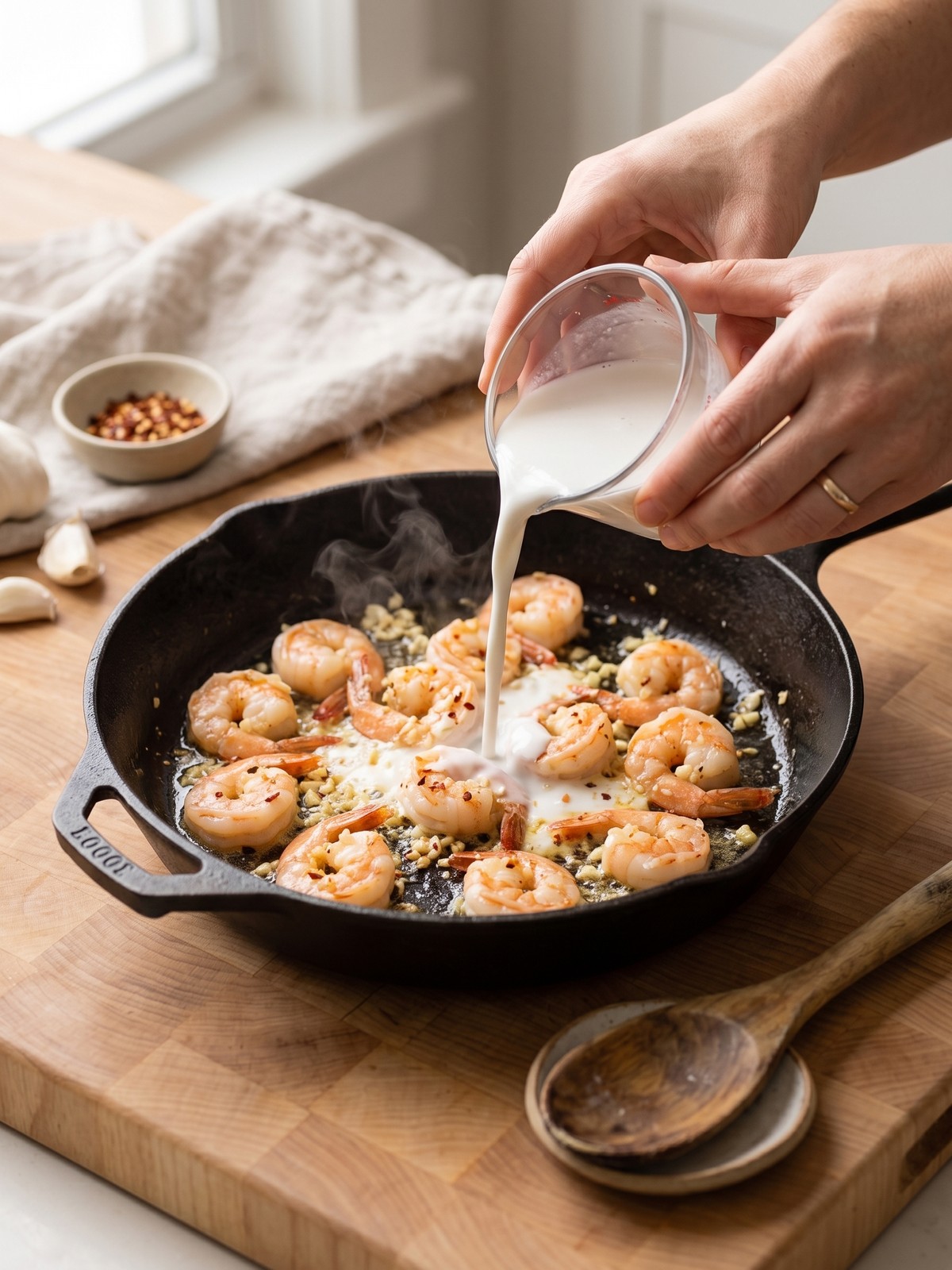 How to make Creamy Coconut Garlic Shrimp in a skillet with creamy coconut sauce