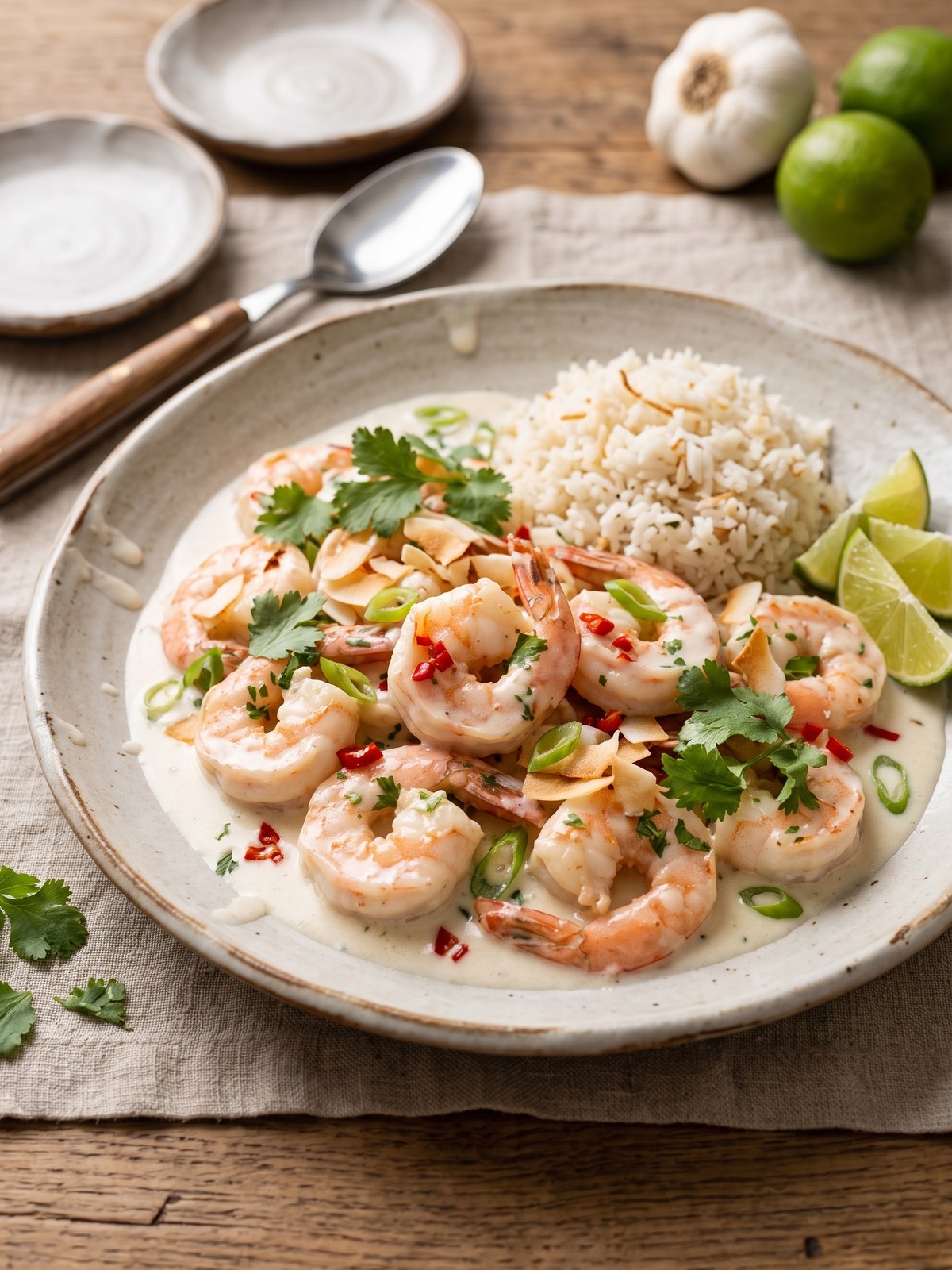 Serving ideas for Creamy Coconut Garlic Shrimp with rice herbs and chili flakes