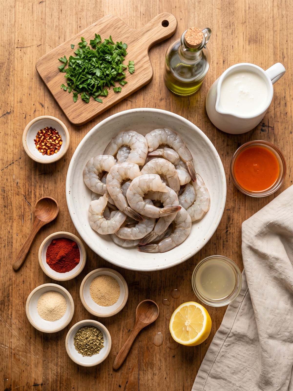 Crispy Cajun Shrimp ingredients arranged with spices, cream, lemon, and parsley