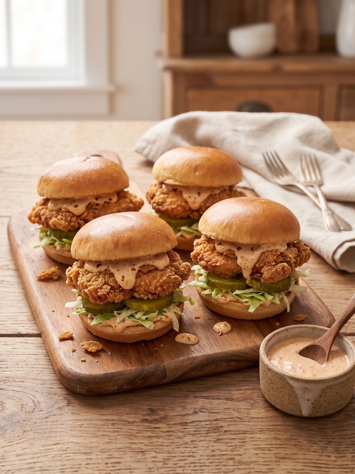 Variety of crispy fried chicken sliders with different sauces and pickles on a serving platter.