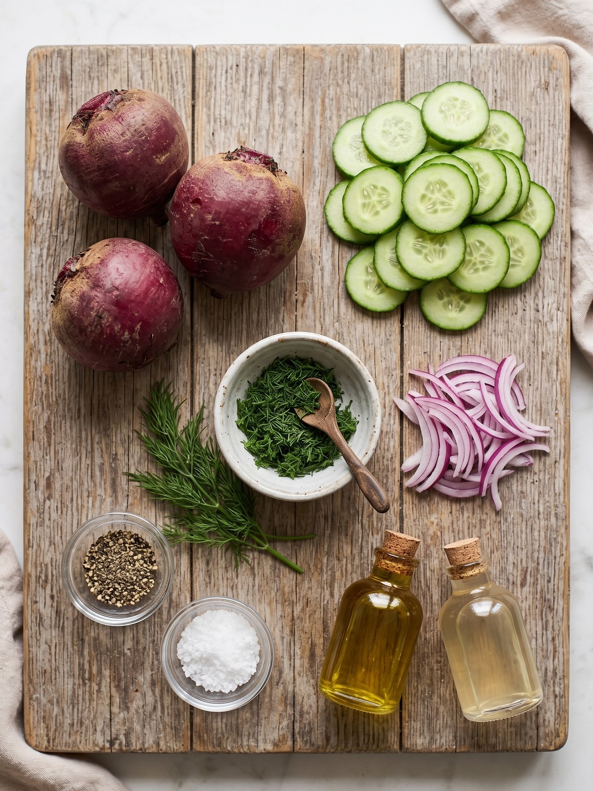 Cucumber Beetroot Salad in a white bowl with fresh dill and sliced cucumbers on a light wood surface.