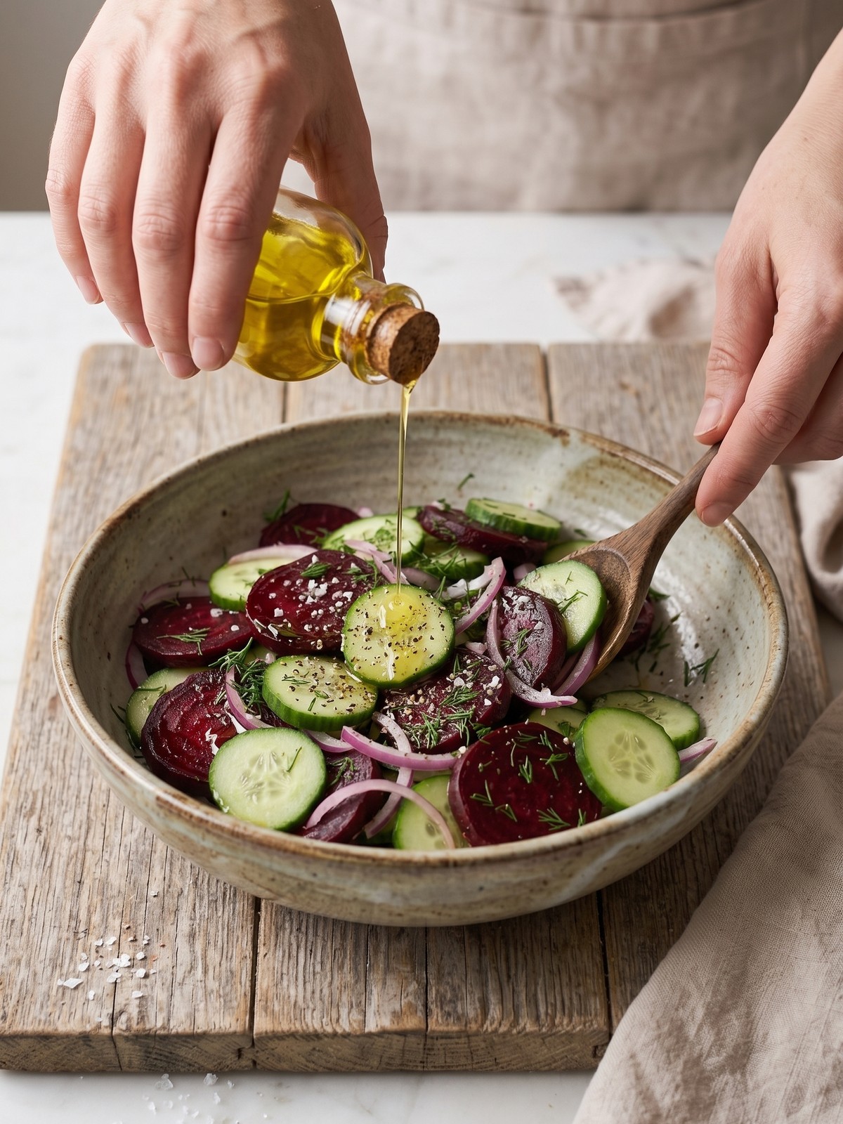 Hands tossing Cucumber Beetroot Salad with dressing in a glass bowl, showing vibrant red beets and green cucumber.