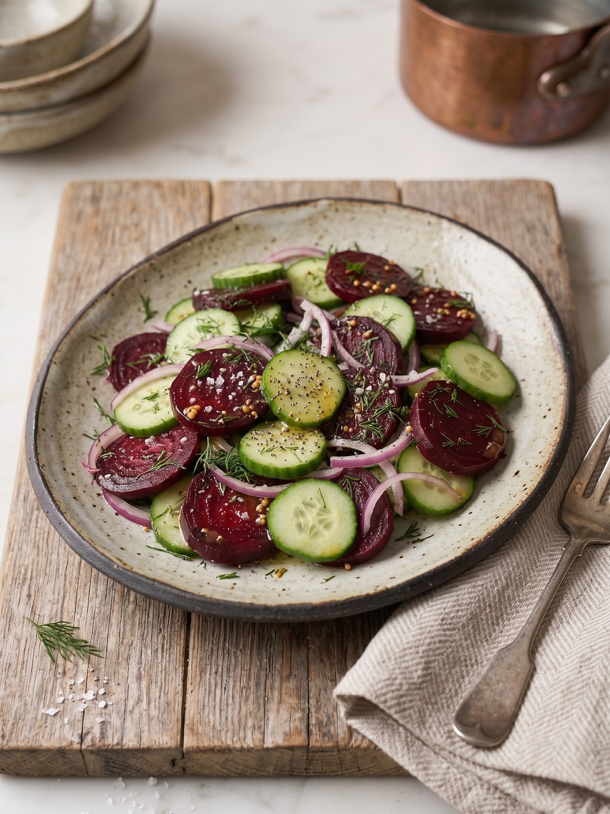 Cucumber Beetroot Salad variation with crumbled feta and toasted walnuts on top, served in a rustic bowl.