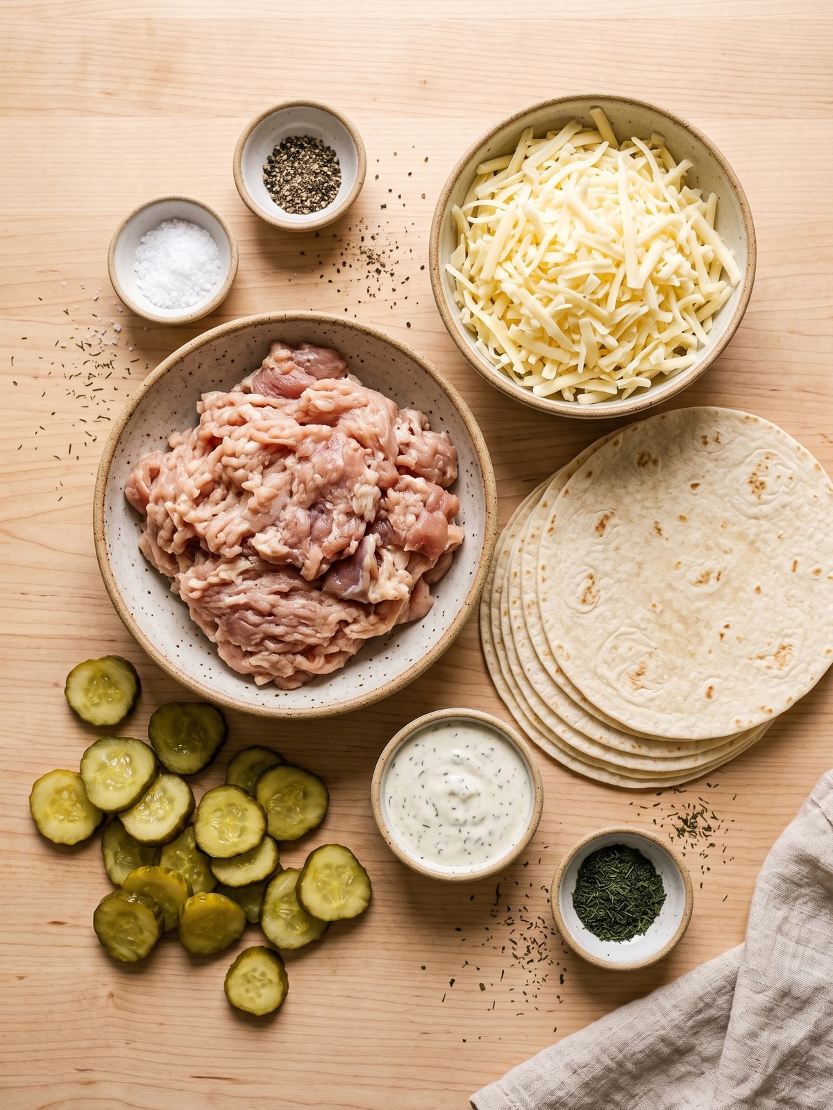 Ground chicken, Monterey Jack, tortillas, dill pickles, ranch, and seasonings prepared for Dill Pickle Smash Chicken Tacos