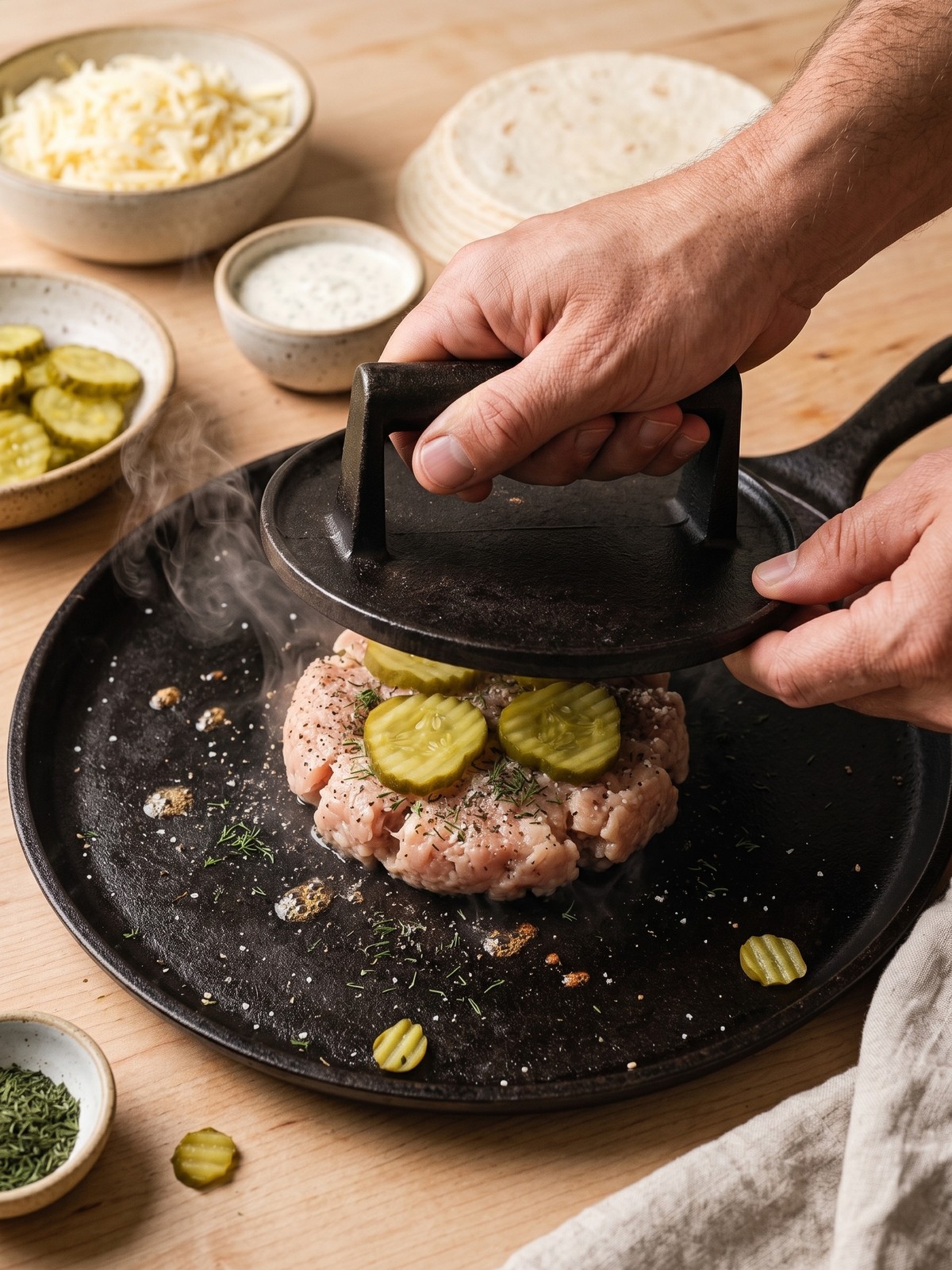 Dill Pickle Smash Chicken Tacos cooking chicken-side down and finishing with crisp Monterey Jack edges