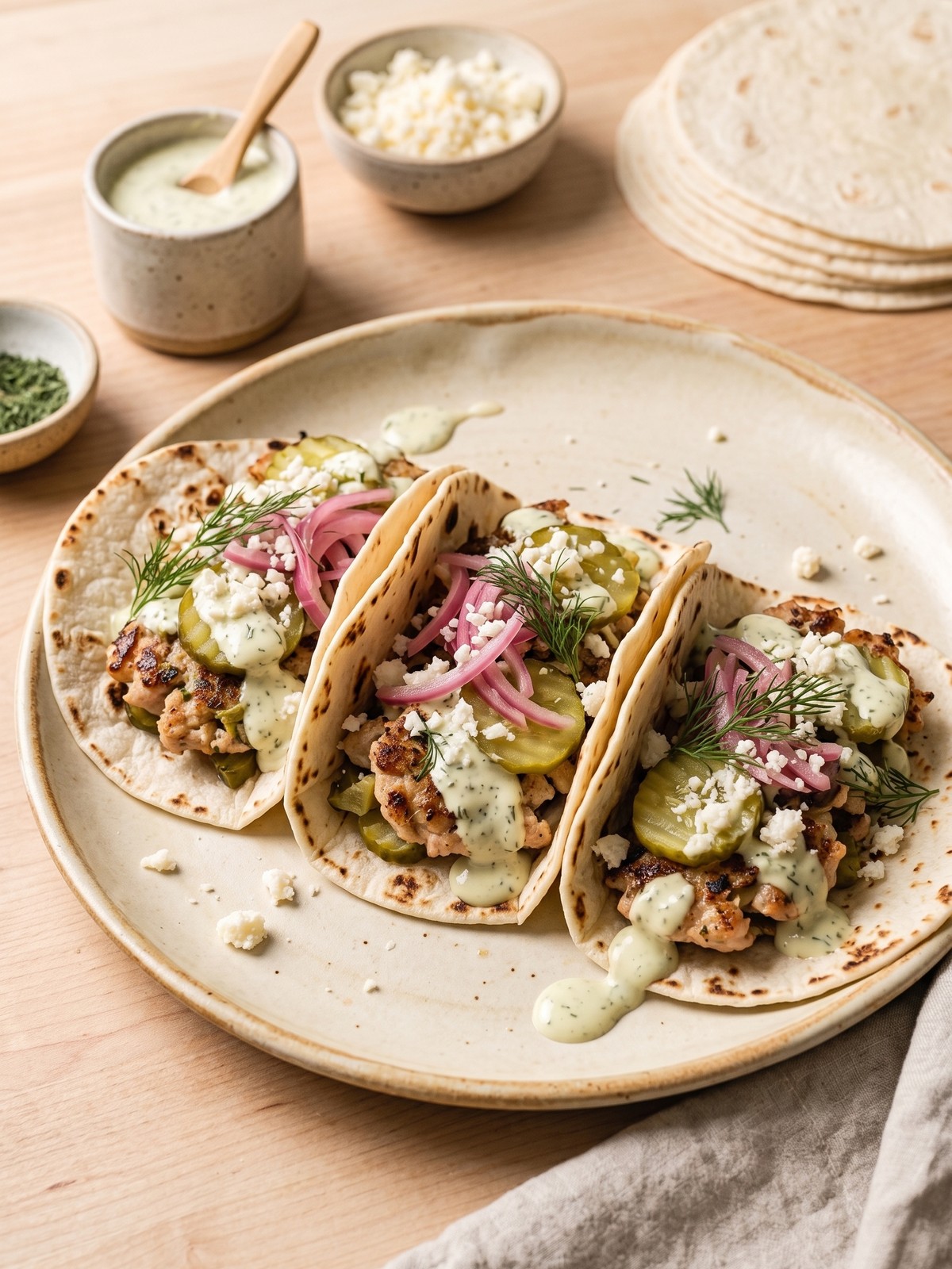 Crispy Dill Pickle Smash Chicken Tacos served with ranch, pickle slices, and simple taco-night sides