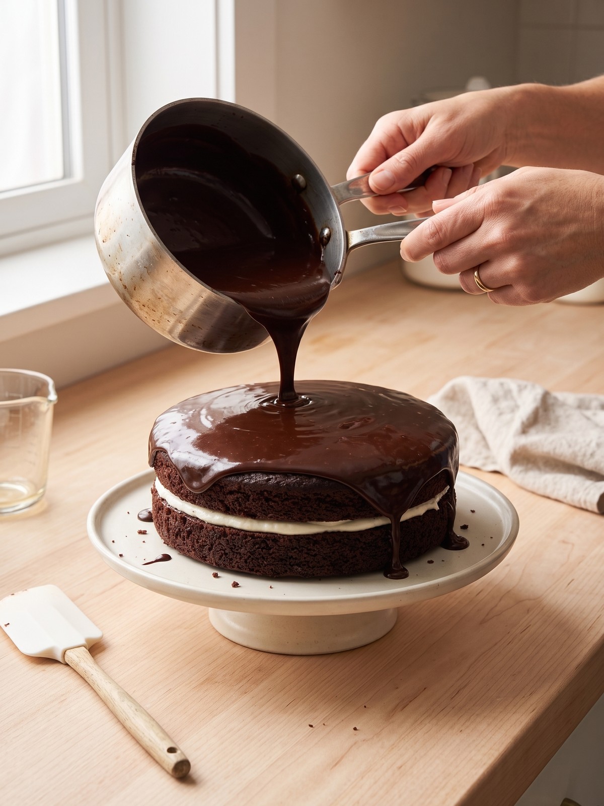 Assembled Ding Dong Cake on a cake stand with chocolate ganache being poured over the top.