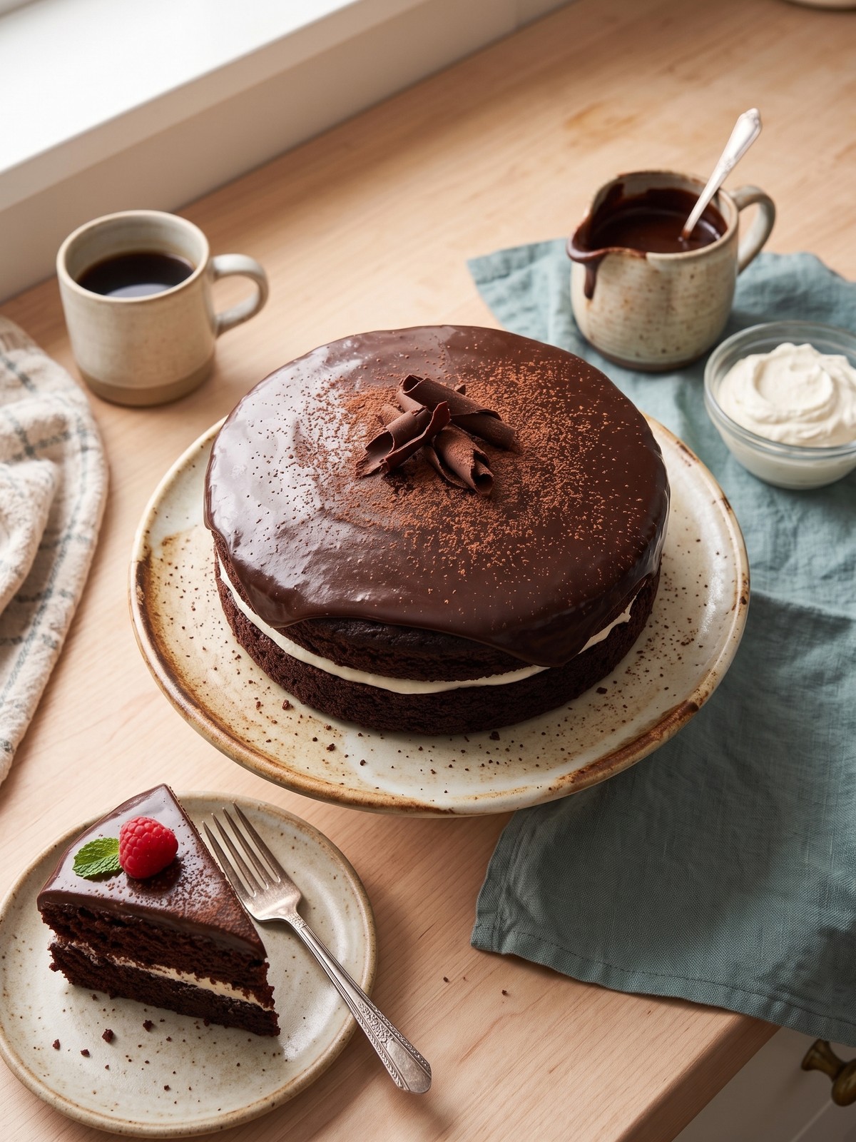A slice of Ding Dong Cake on a plate showing the chocolate cake layers, white marshmallow filling, and dark ganache topping.