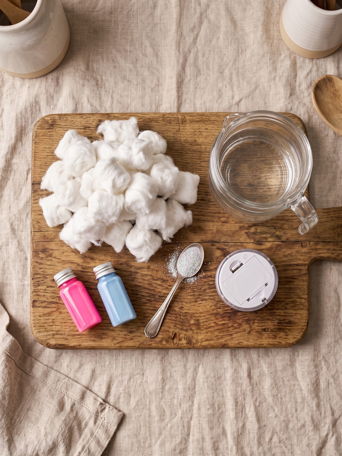 DIY Cotton Candy Glow Jars ingredients on a craft table with cotton balls, liquid dyes, glitter, and a glass jar.