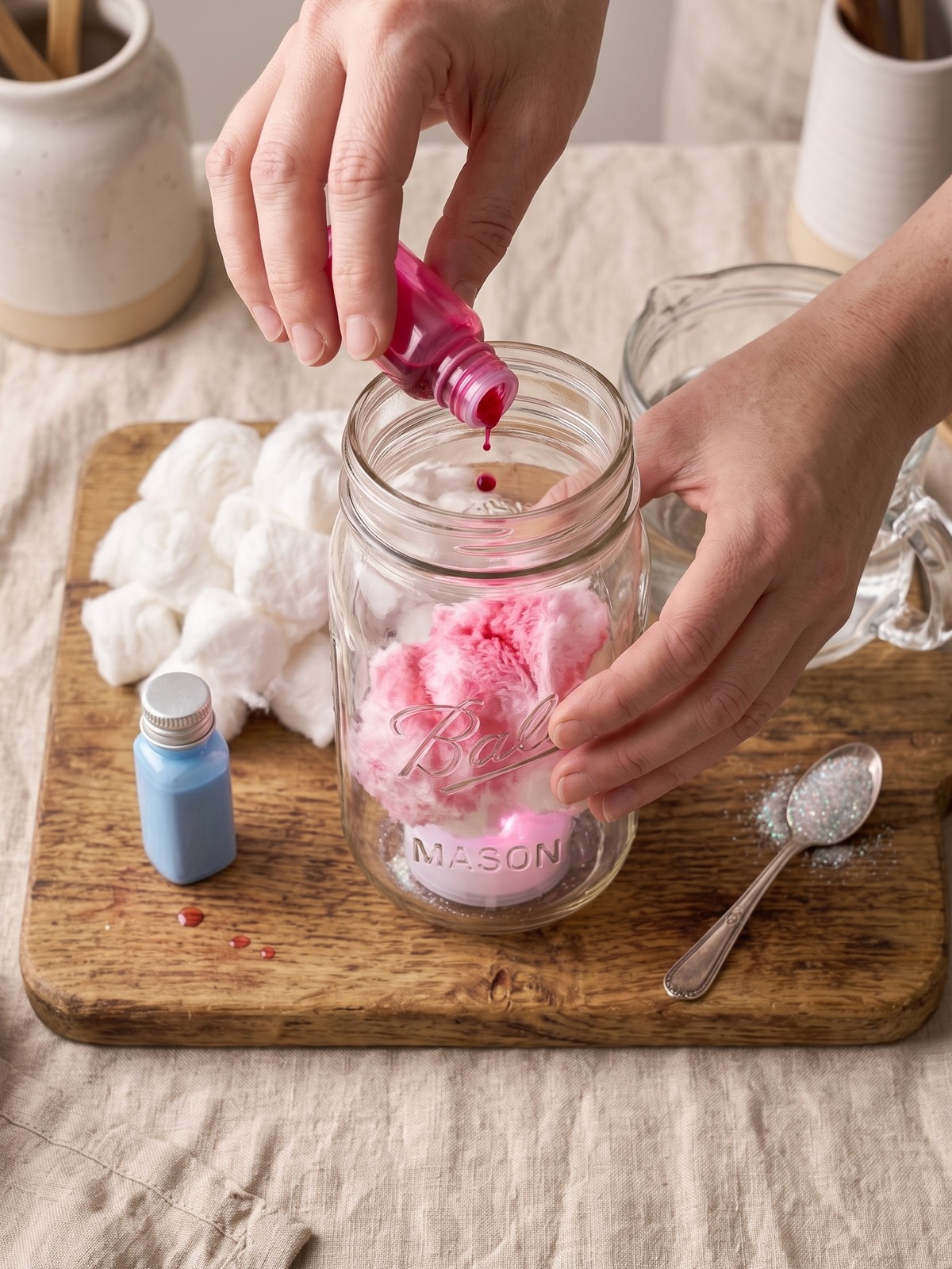 Step-by-step process of making DIY Cotton Candy Glow Jars, showing dyed cotton balls drying and being layered in a jar.