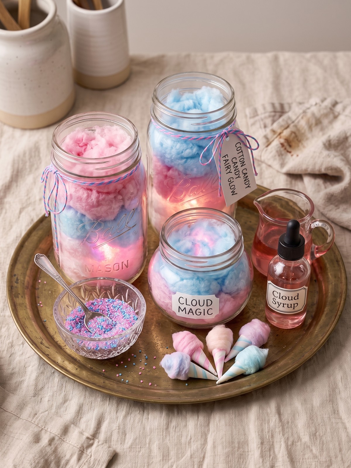 Variations of DIY Cotton Candy Glow Jars in different colors and jar styles, showing creative options.