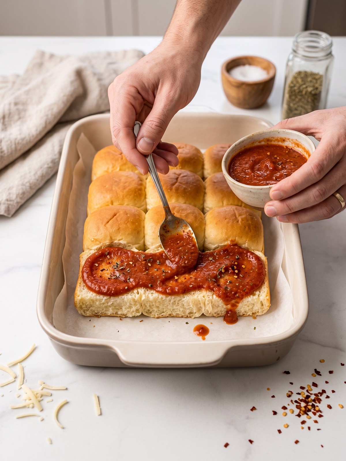Easy Pizza Sliders baking with melted mozzarella and a golden parmesan oregano topping