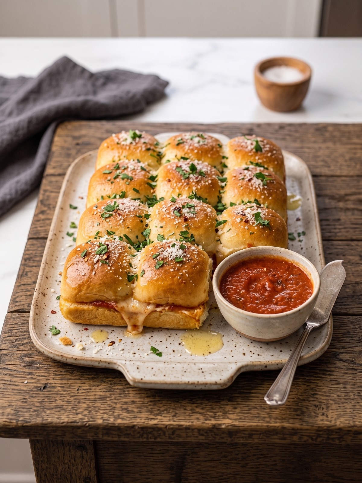 Easy Pizza Sliders served in pull-apart squares with warm pizza sauce for dipping