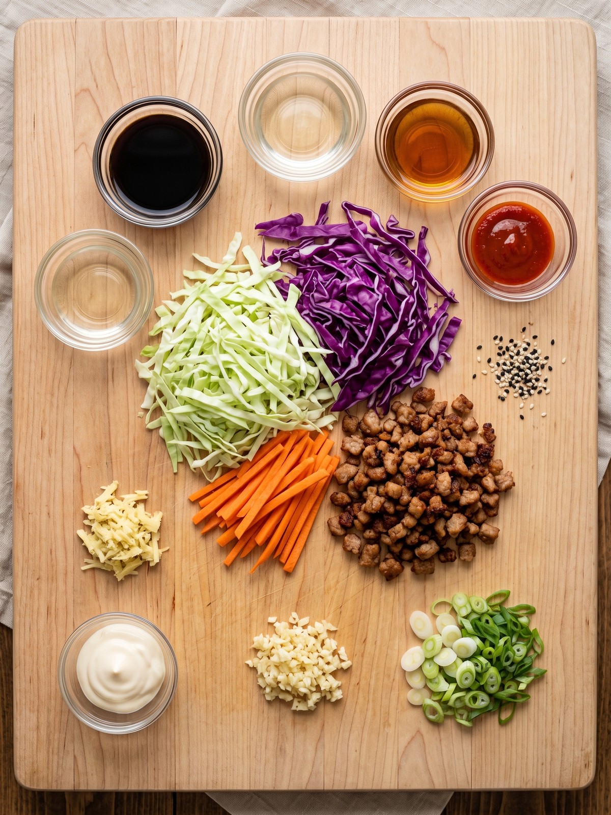 Egg Roll in a Bowl in a skillet with ground pork, cabbage, and carrots, topped with sriracha mayo and sesame seeds.