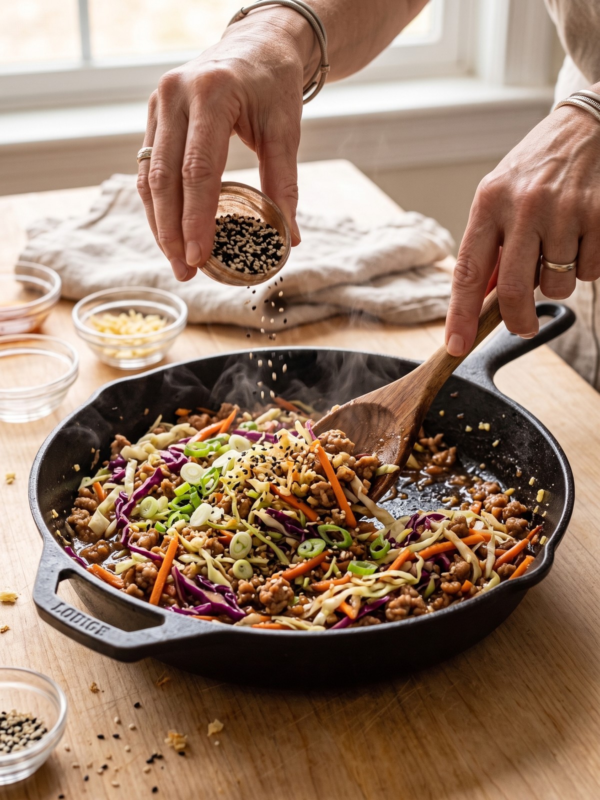 Step-by-step process of making Egg Roll in a Bowl with pork browning and cabbage wilting in a skillet.