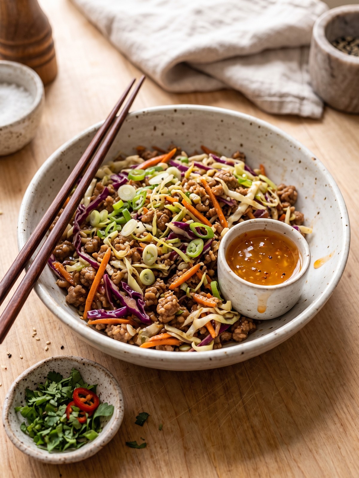 Variation of Egg Roll in a Bowl served in lettuce cups with extra sriracha mayo and sesame seeds.