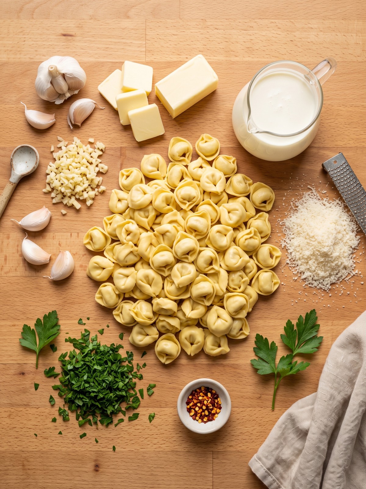 Creamy garlic butter tortellini in a skillet with fresh parsley and parmesan cheese.