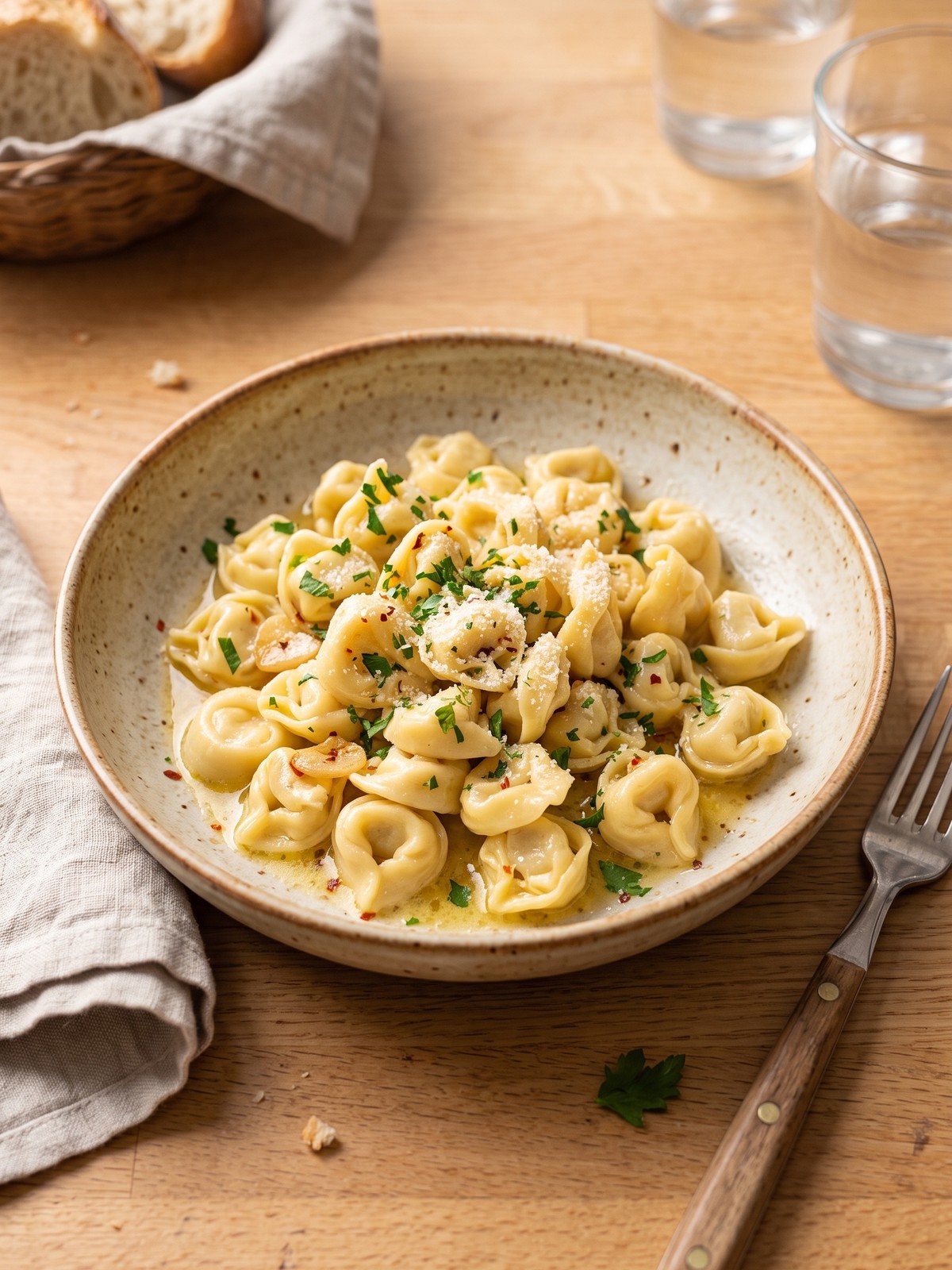 Garlic butter tortellini served in a bowl with a side salad and garlic bread.