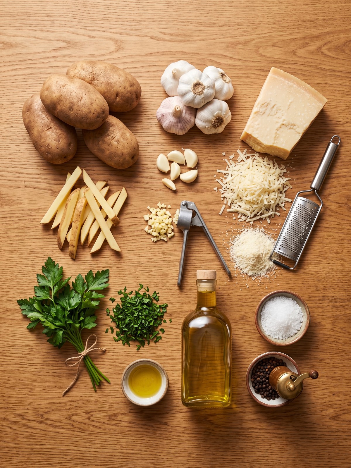 Russet potatoes, garlic, parmesan, parsley, and sea salt prepared for Garlic Parmesan Fries