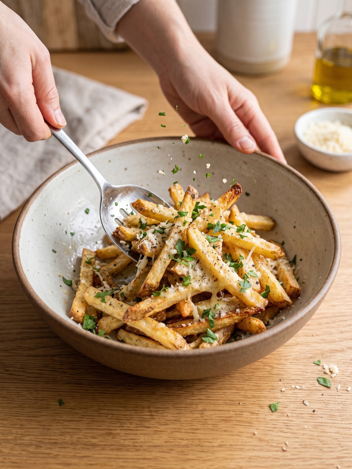 Hot Garlic Parmesan Fries being tossed with garlic butter, parsley, and grated cheese