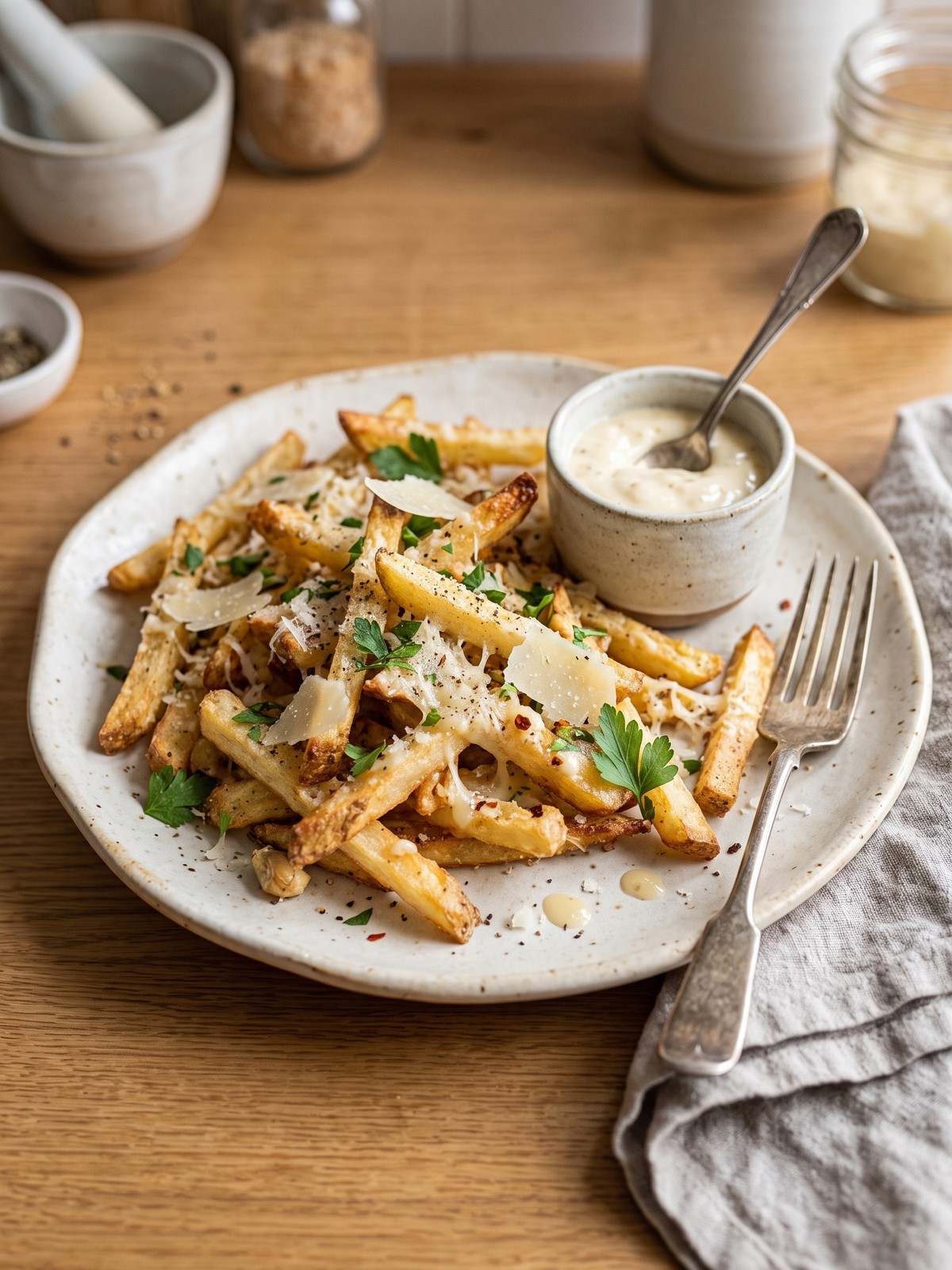 Garlic Parmesan Fries served with dipping sauces and extra parsley