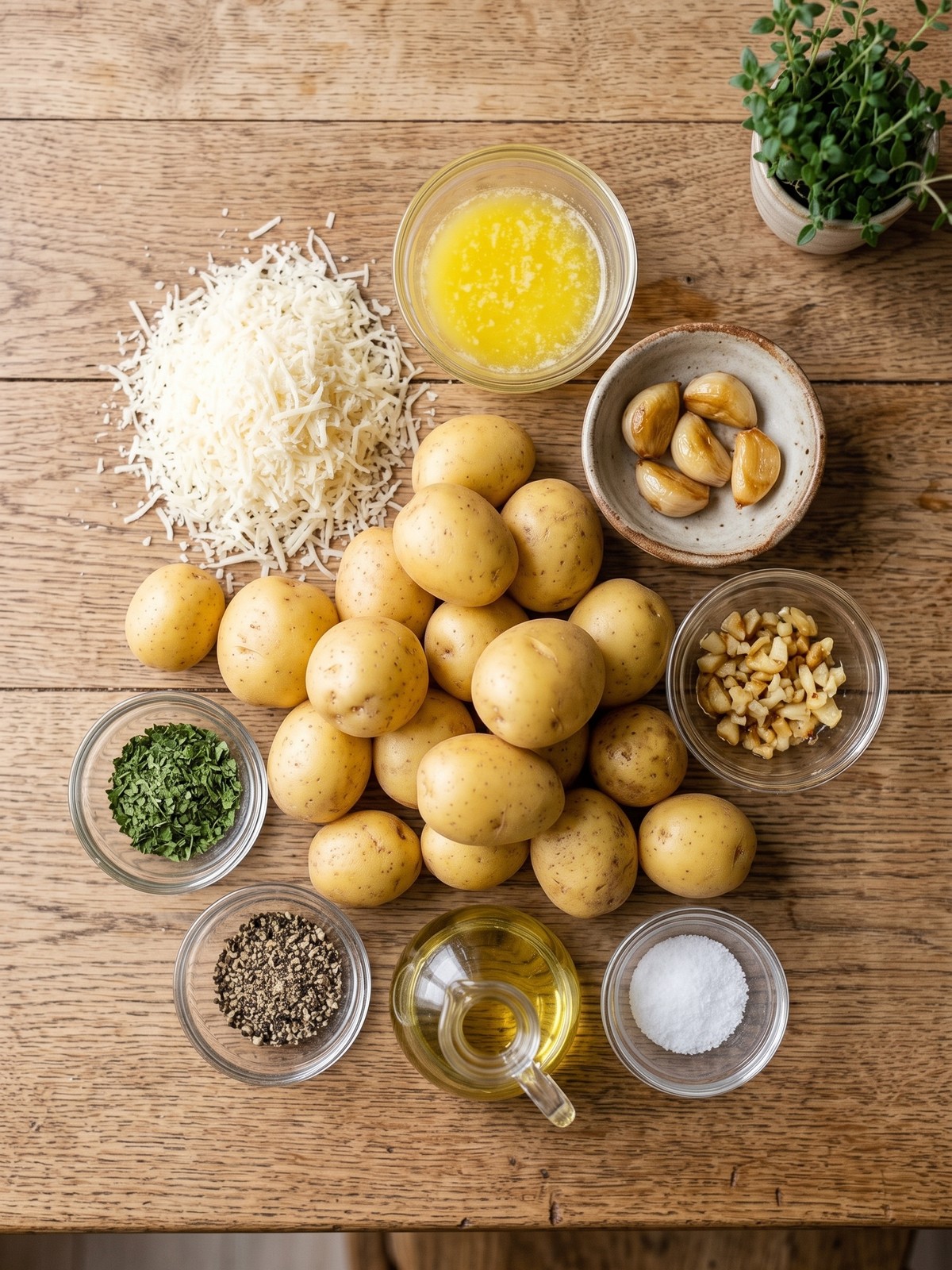 Small yellow potatoes, parmesan, roasted garlic, butter, and parsley for Garlic Parmesan Smashed Potatoes