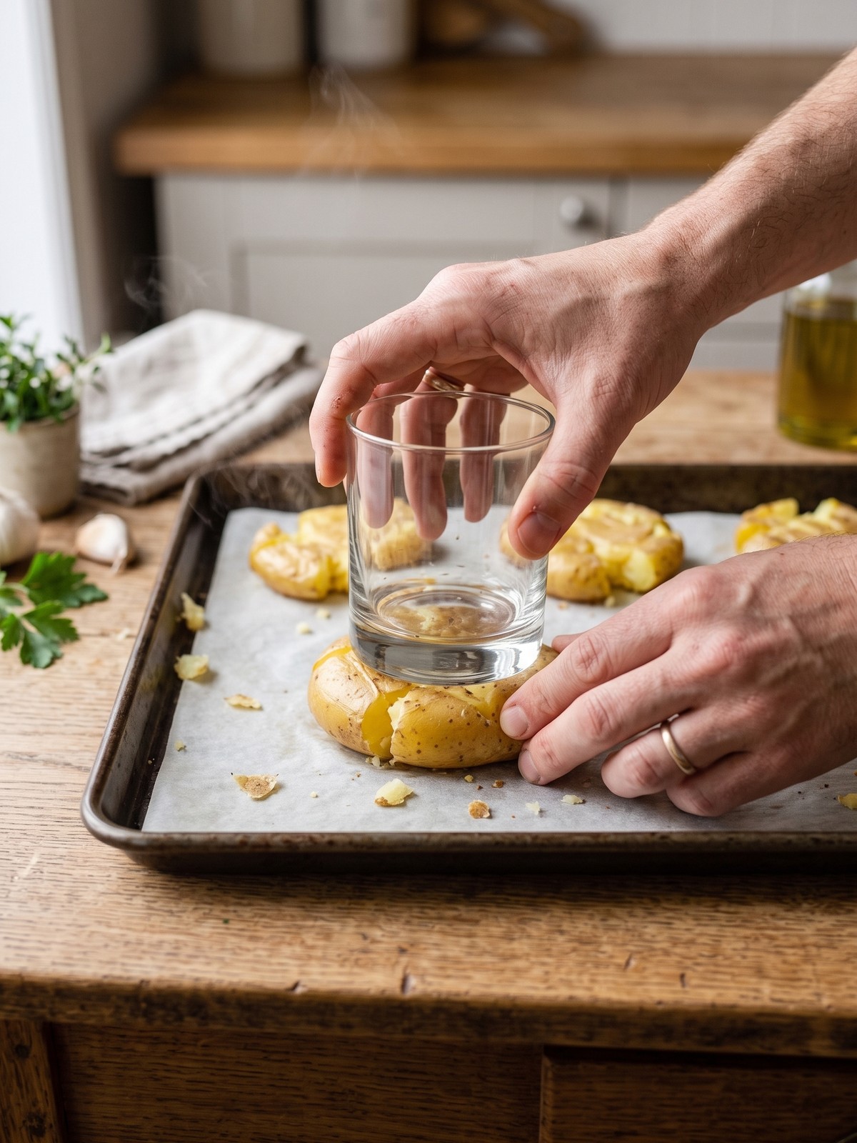 Garlic Parmesan Smashed Potatoes being brushed with roasted garlic butter before baking