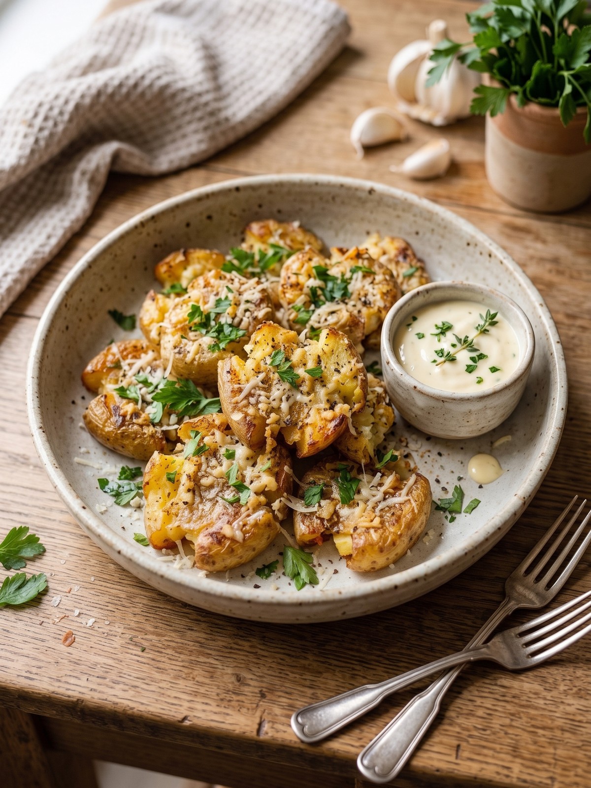 Serving platter of Garlic Parmesan Smashed Potatoes with crisp parmesan edges and parsley