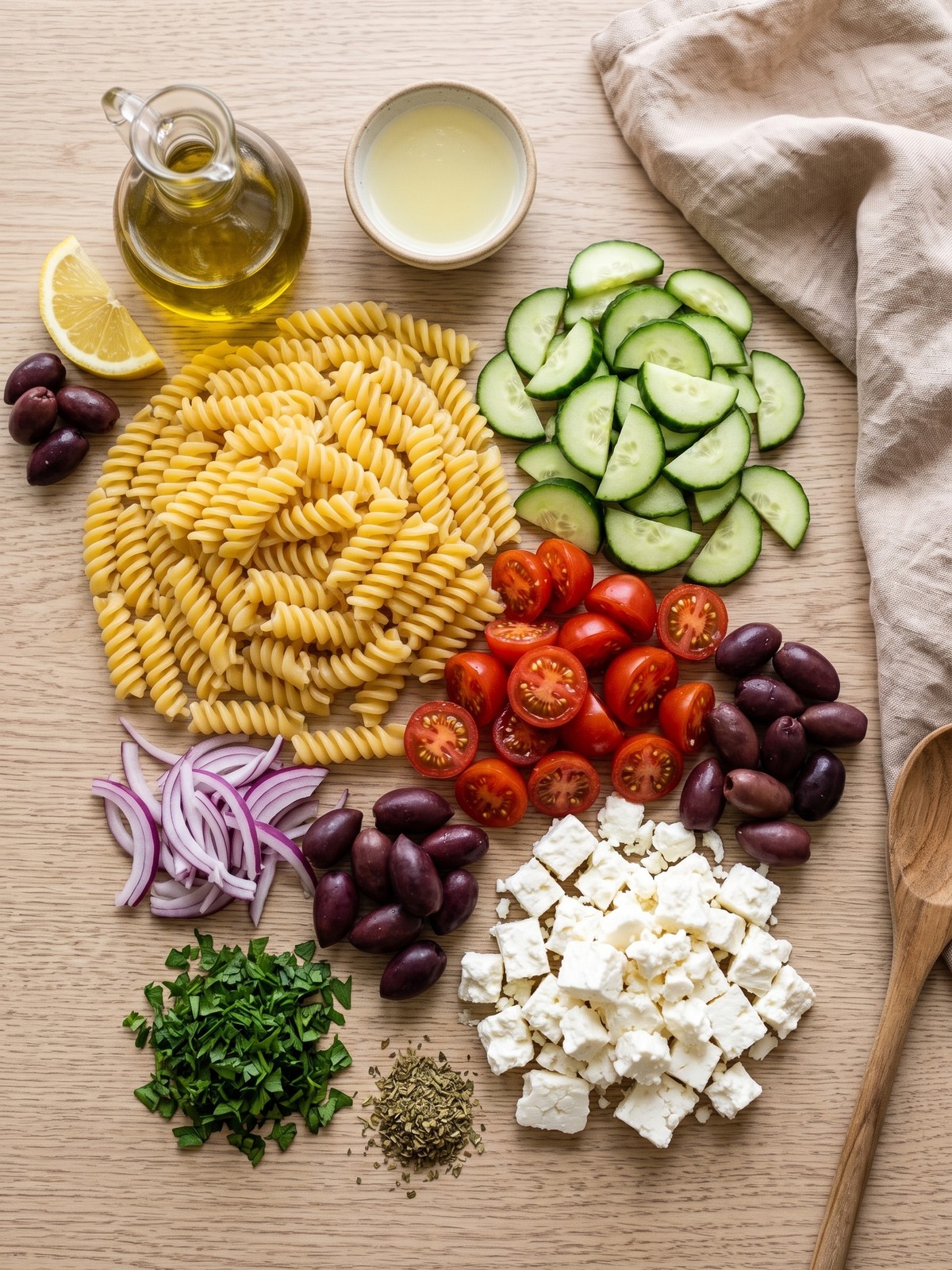 Greek Pasta Salad with Feta ingredients with rotini pasta, feta, cucumber, tomatoes, and olives