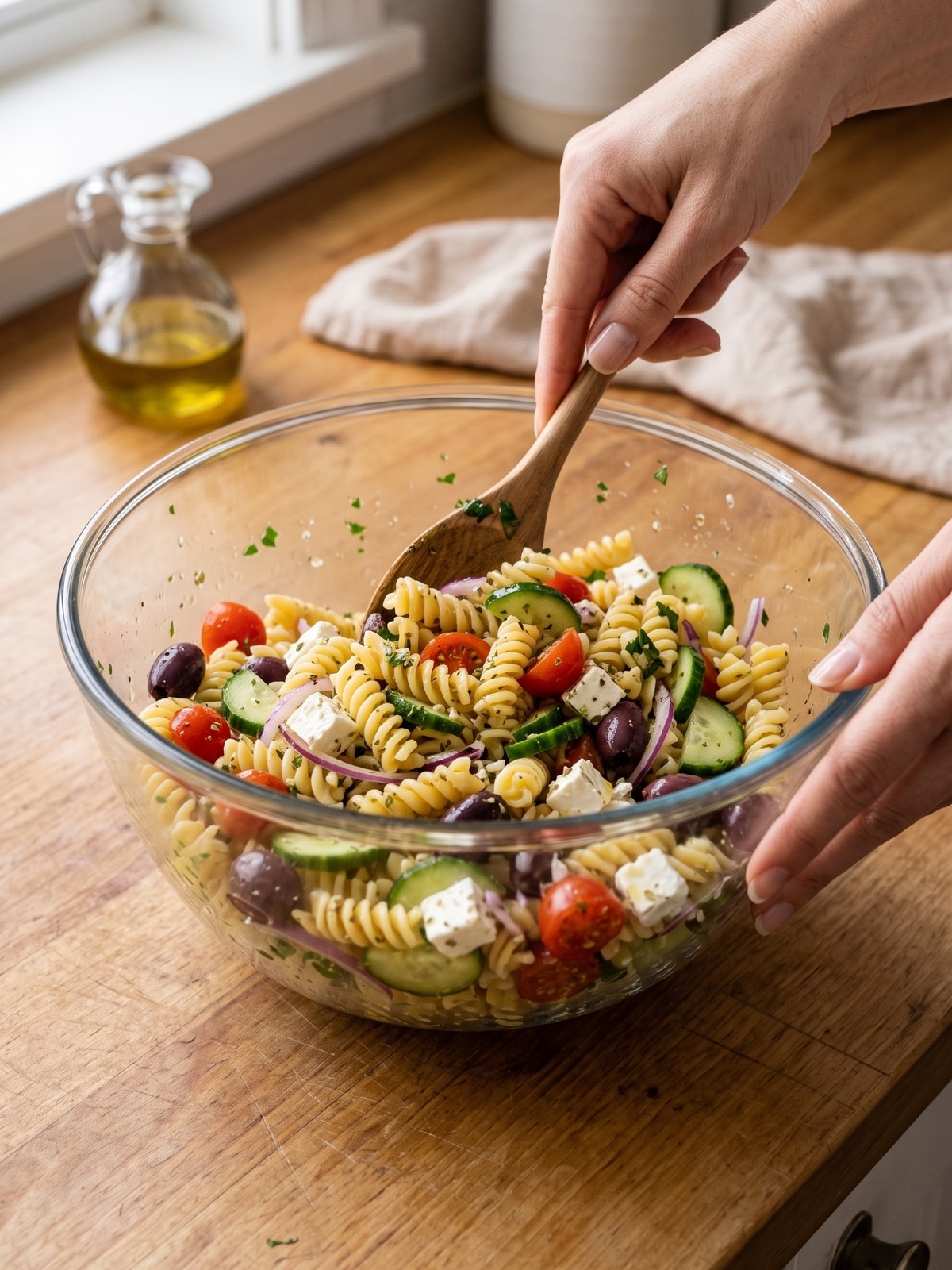 How to make Greek Pasta Salad with Feta by tossing rotini with vegetables, olives, feta, and lemon oregano dressing