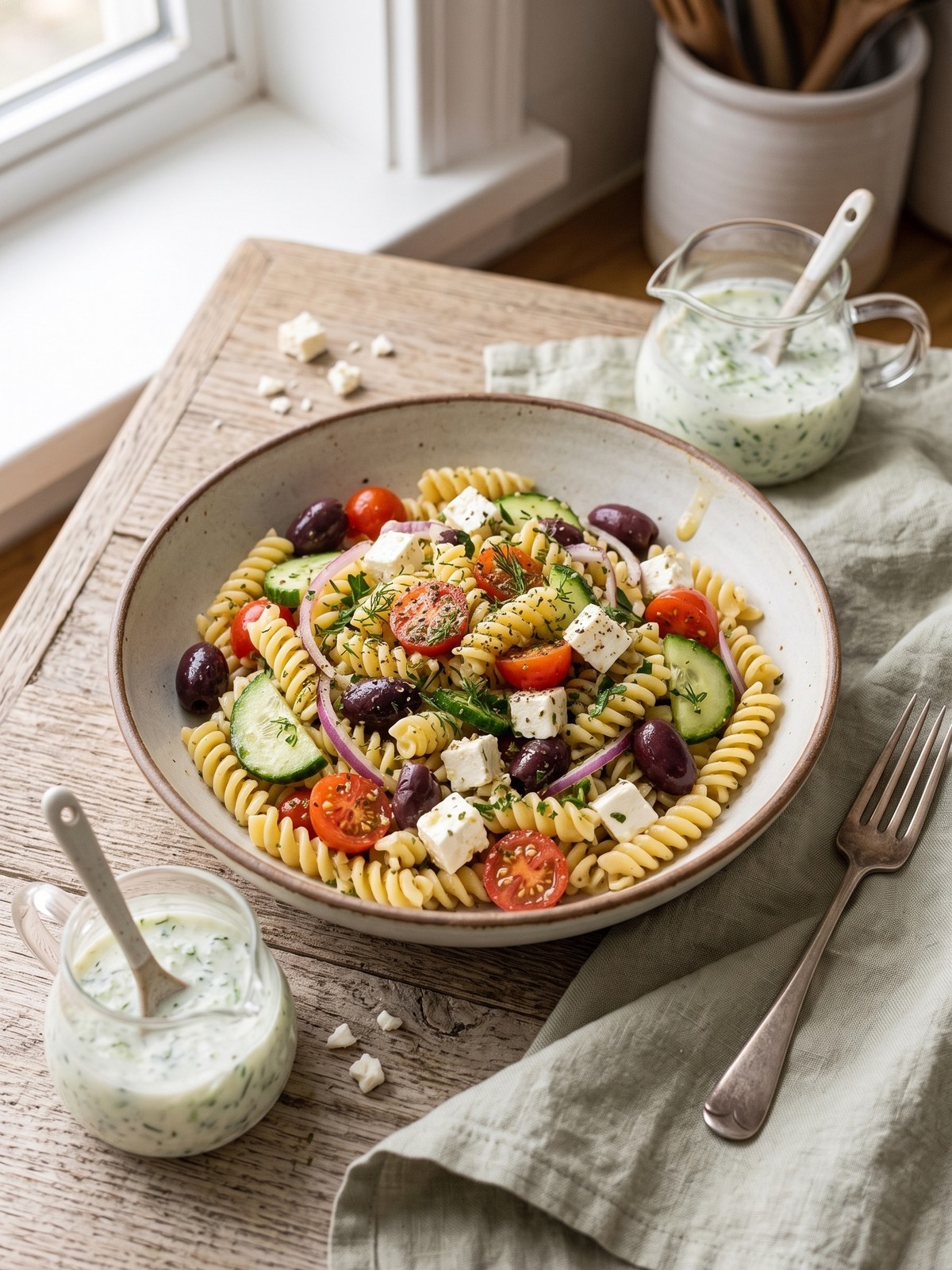Serving and variation ideas for Greek Pasta Salad with Feta with feta, olives, and fresh vegetables