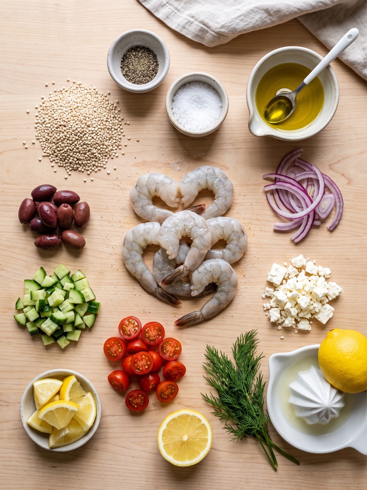 Overhead view of a Greek shrimp Mediterranean bowl with shrimp, quinoa, cucumber, tomatoes, olives, and feta on a light surface.