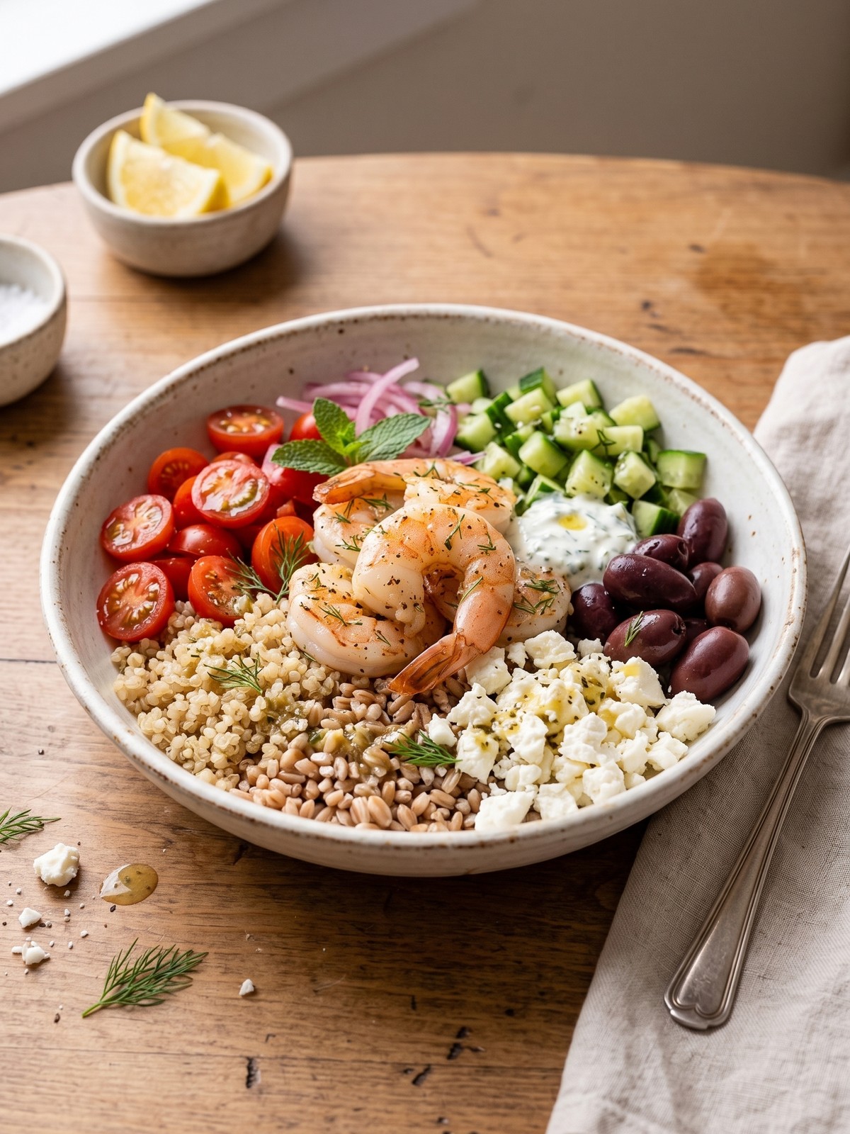 Greek shrimp bowl variation with added roasted red peppers and artichokes on a wooden table.