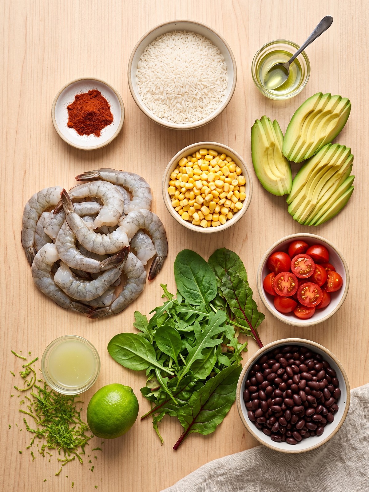 Overhead view of a grilled shrimp bowl with shrimp, corn, avocado, tomatoes, and black beans on rice and greens.