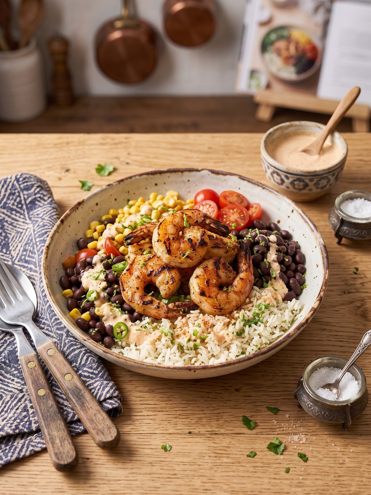 Variation of a grilled shrimp bowl with chicken and different toppings.