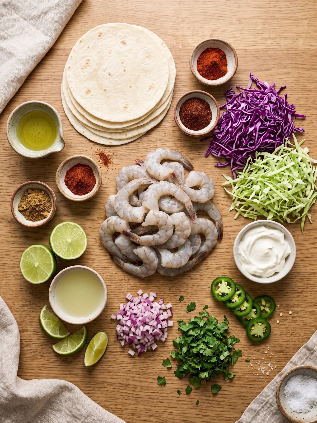 Grilled Shrimp Tacos ingredients arranged with seasoned shrimp, cabbage, lime, and tortillas