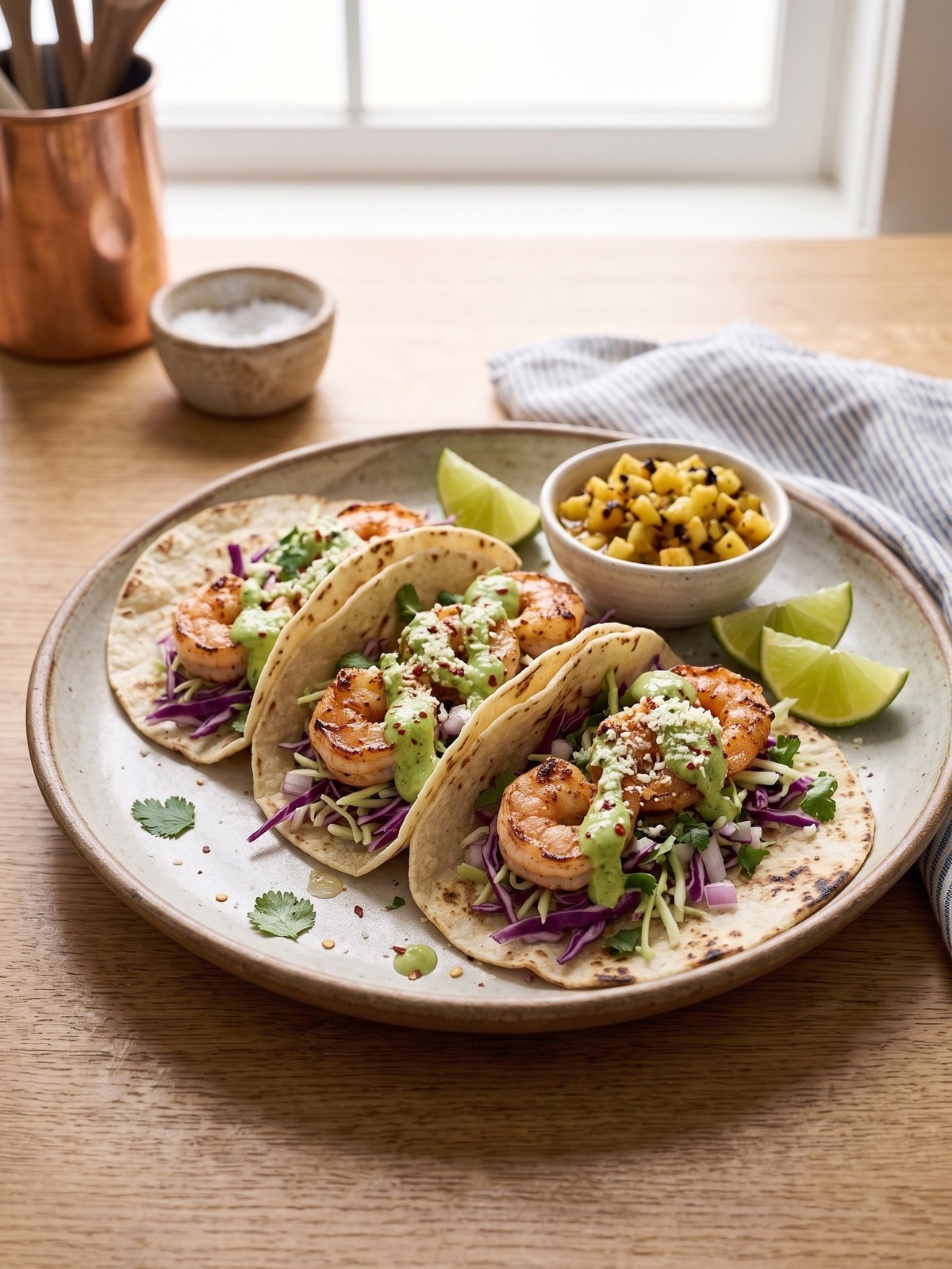 Grilled Shrimp Tacos served with lime crema, colorful cabbage, cilantro, and jalapeño