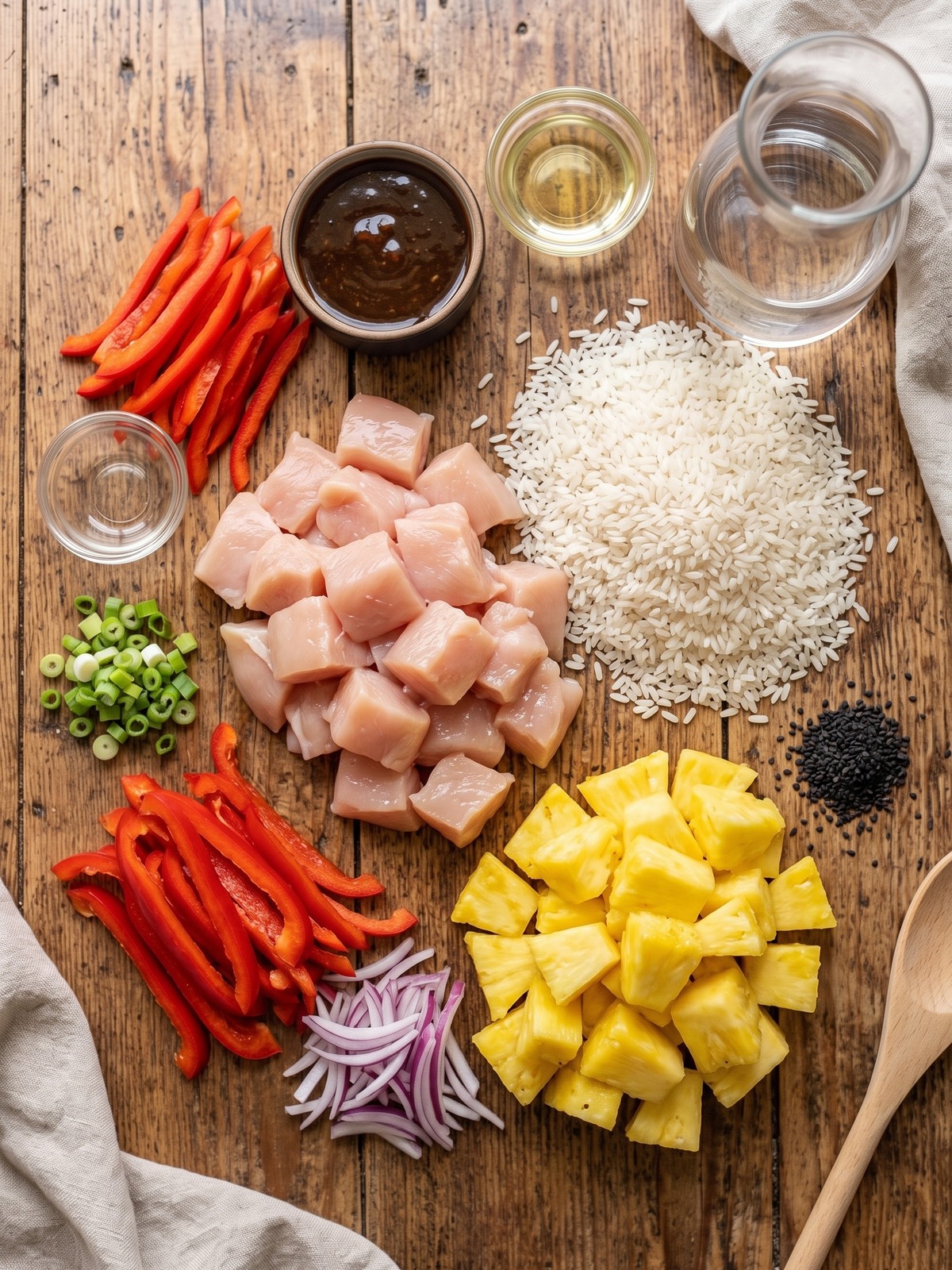 Overhead view of a Hawaiian chicken bowl with teriyaki chicken, pineapple, and peppers over rice in a white bowl.