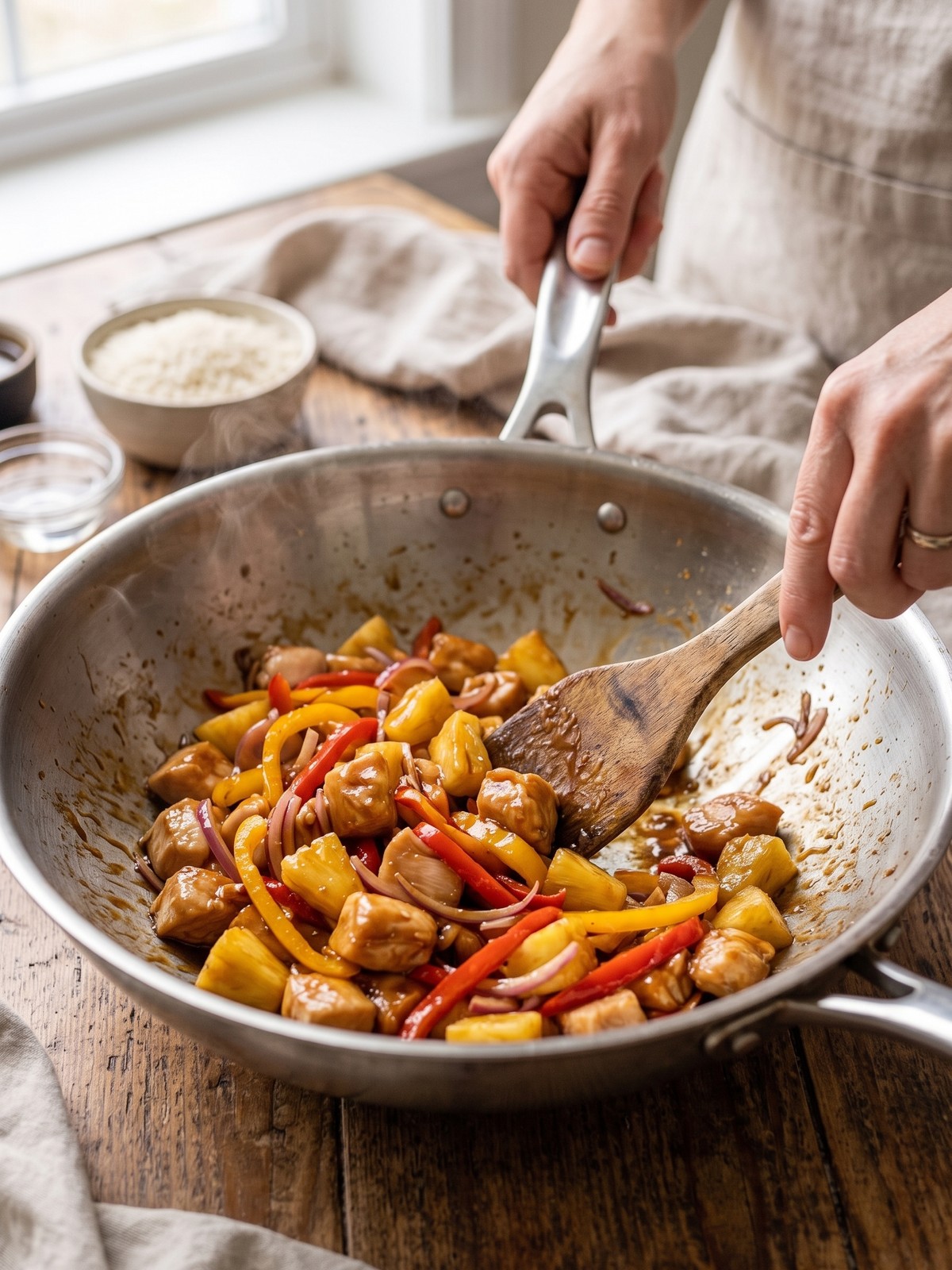 Close-up of teriyaki chicken and pineapple cooking in a skillet with peppers and onions.