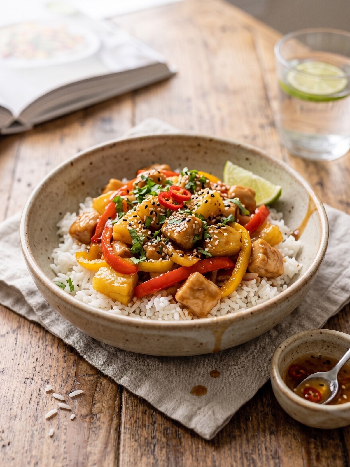 Hawaiian chicken bowl with brown rice, shrimp, and extra vegetables as a variation.