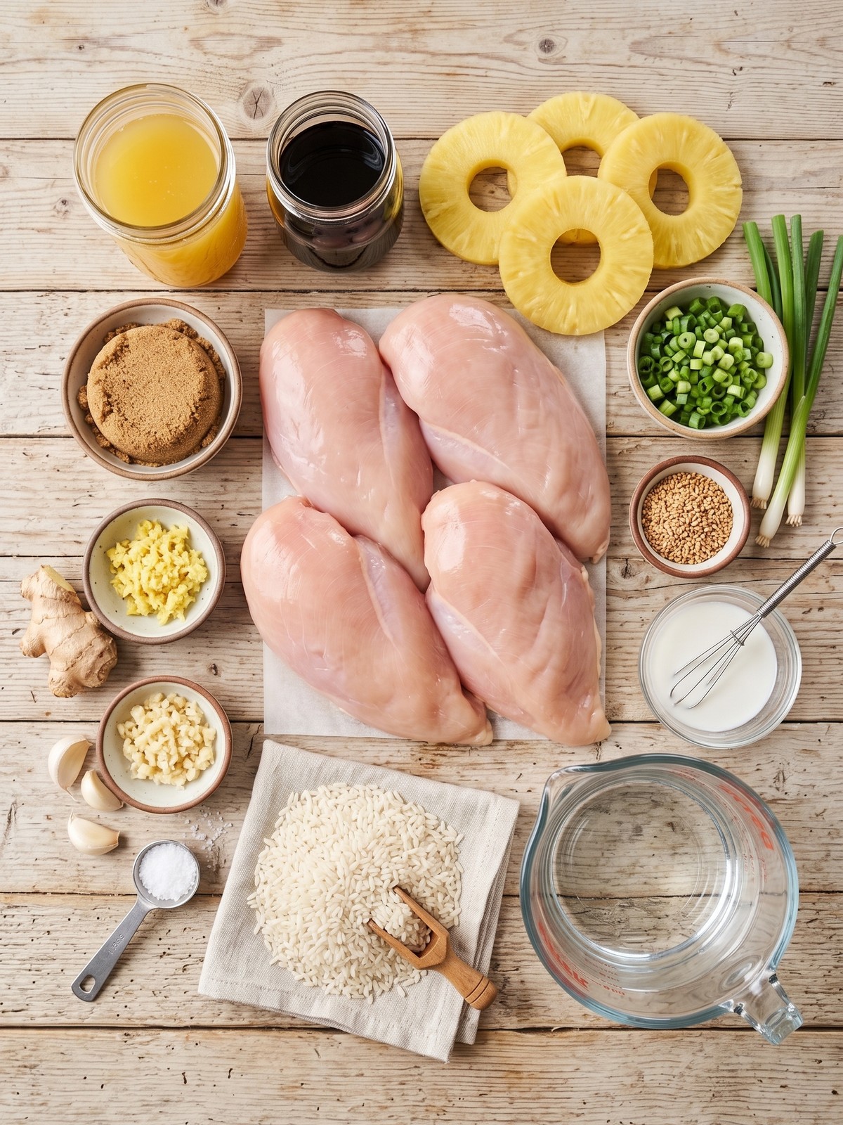 Hawaiian Huli Huli Chicken Stack ingredients arranged on a kitchen counter with pineapple, chicken, and glaze components