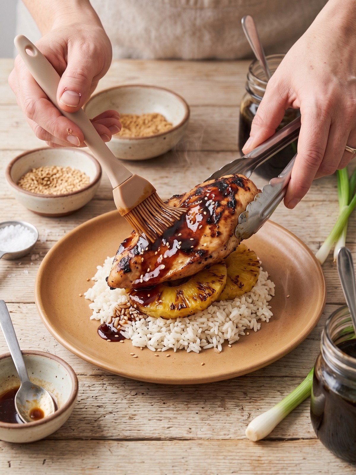 Hawaiian Huli Huli Chicken Stack plated with glazed chicken, caramelized pineapple, and rice garnished with scallions and sesame seeds