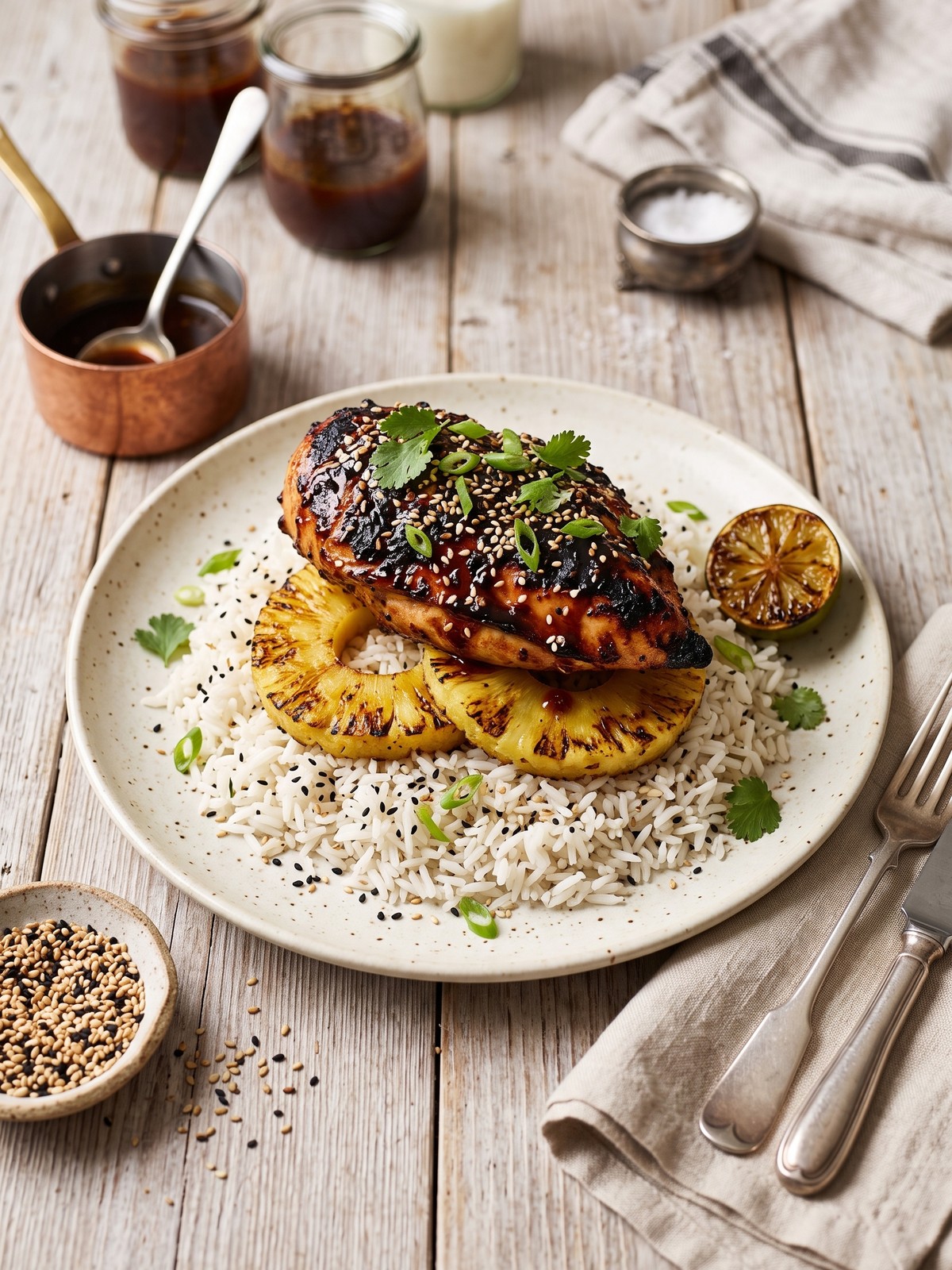 Hawaiian Huli Huli Chicken Stack variation served in a bowl with greens and avocado