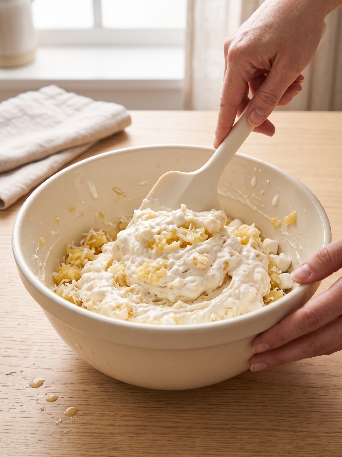 Folding toasted coconut and mini marshmallows into Hawaiian Pineapple Coconut Fluff mixture