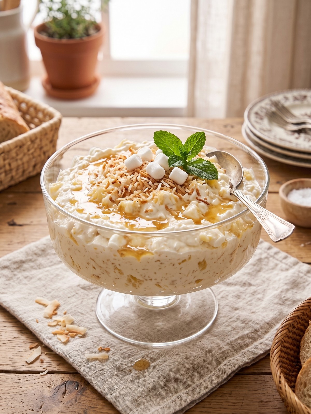 Variation of Hawaiian Pineapple Coconut Fluff topped with toasted macadamia nuts and lime zest